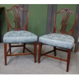 A Pair of Mahogany Framed Shield Back Dining Chairs, 19th century, with pierced splats and blue