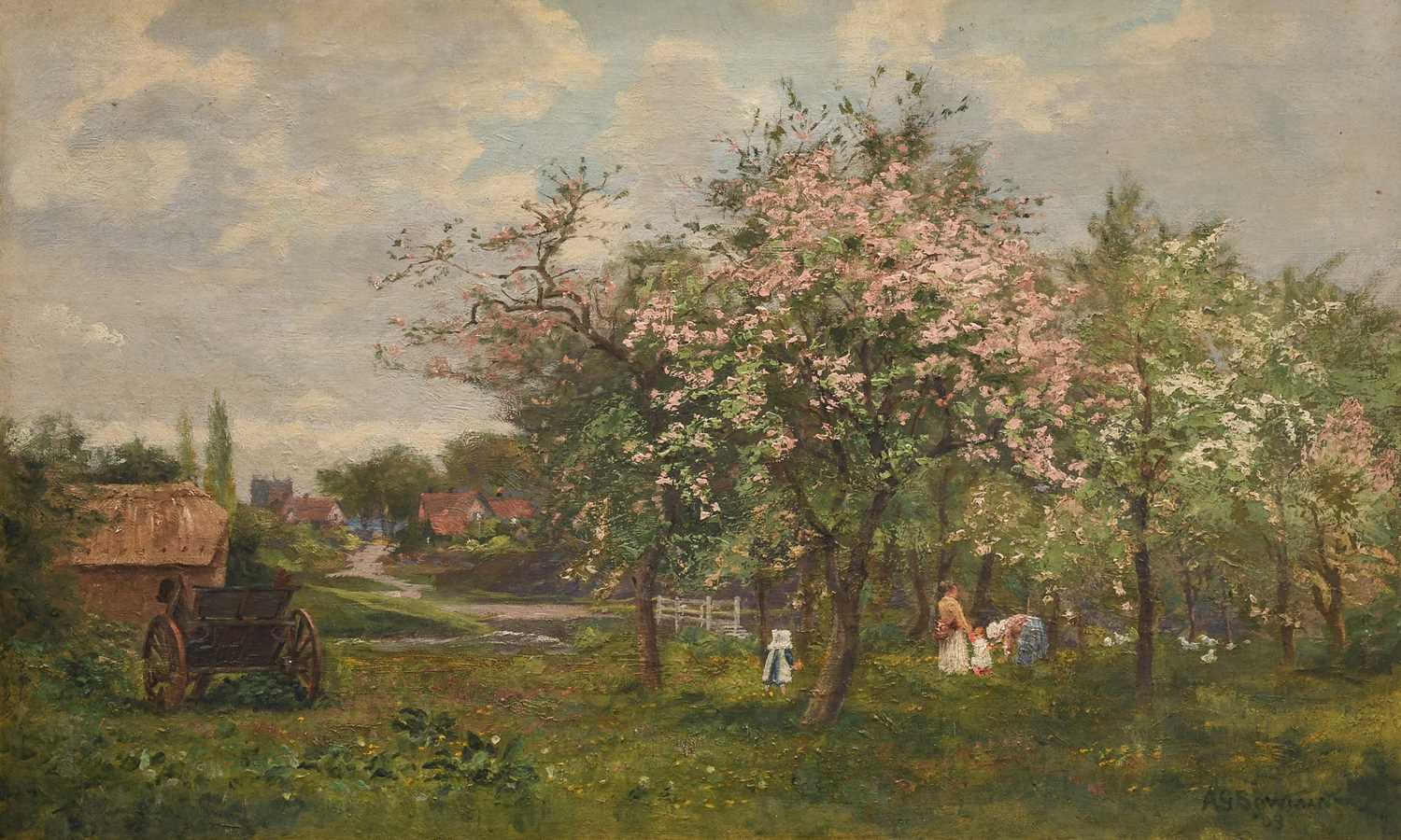 Angus Bowman (19th/20th century)Fruit picking in an orchard before a country villageSigned and dated - Image 2 of 3