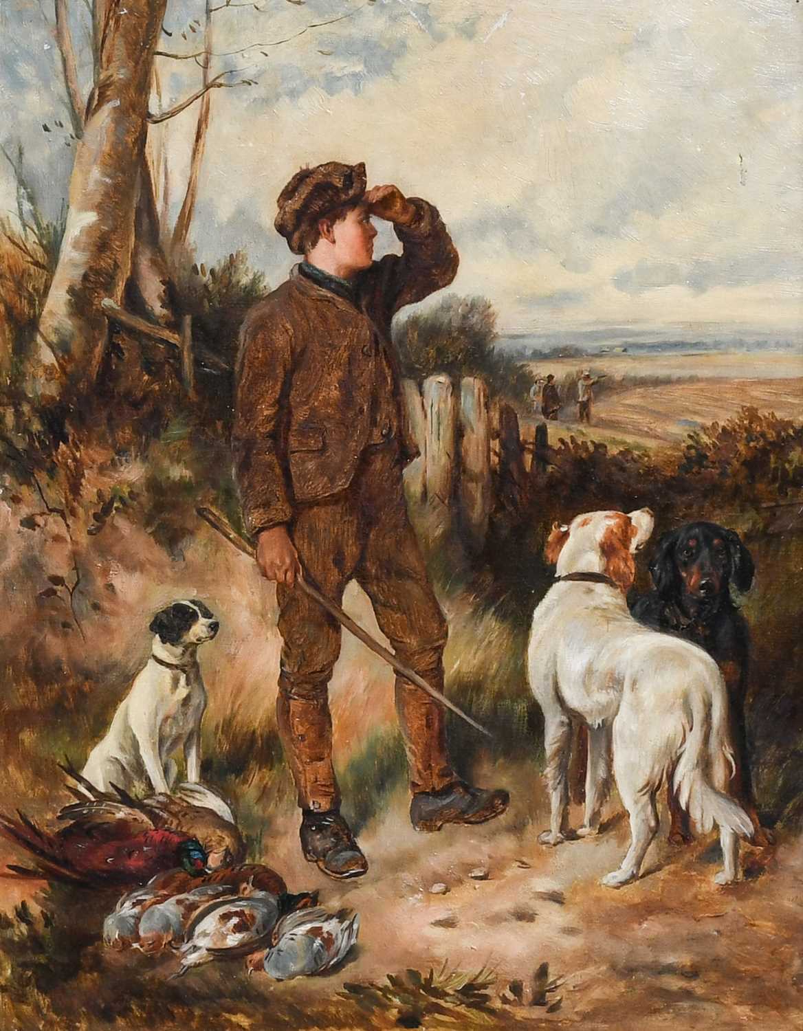 Follower of James Hardy Jnr (1832-1889)Young picker-up with his dogs and the day's bagOil on canvas,