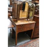 A 19th Century Inlaid Walnut Three-Drawer Side Table, 76cm by 48cm by 81cmA Mahogany Triptych Mirror