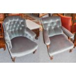 A Regency Mahogany Framed Buttoned Open Armchair, in blue upholstery and with fluted and beaded