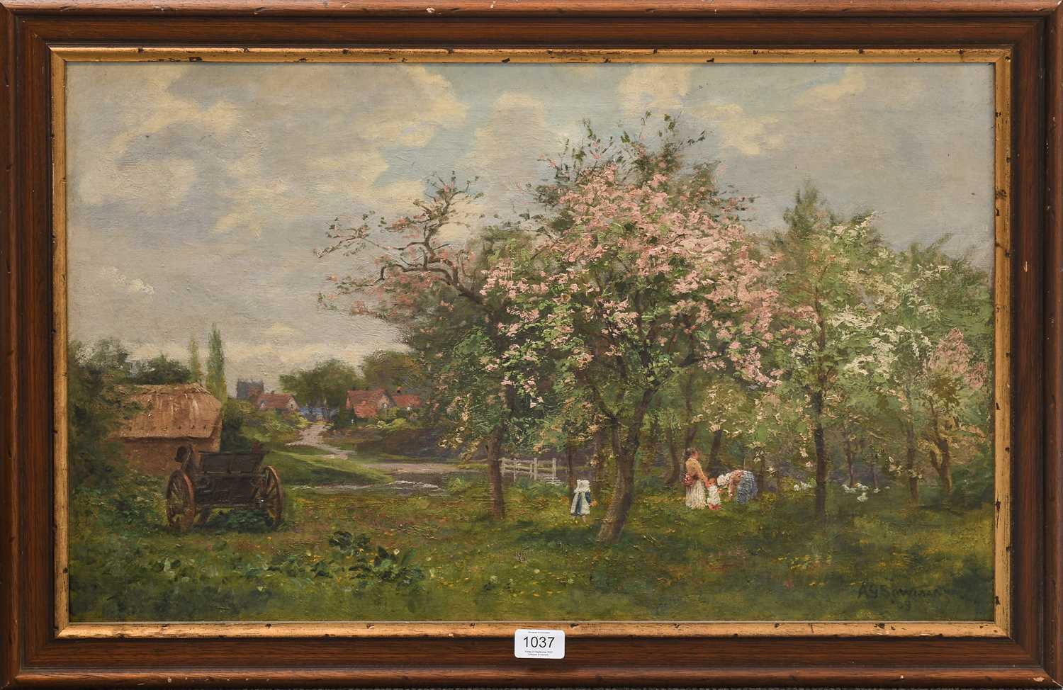 Angus Bowman (19th/20th century)Fruit picking in an orchard before a country villageSigned and dated - Image 3 of 3