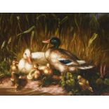 C*Bavary Study of ducks by a pondSigned oil on panel; together with two limited edition studies of