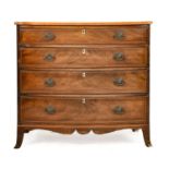 A George III Mahogany, Ebony and Boxwood-Strung Bowfront Chest, late 18th century, the moulded top