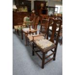 Assorted Chairs, comprising: a 19th century oak dining chair, a light oak rush seated open armchair,