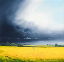 Ben Payne (Contemporary)Figures in a stormy landscape Signed, acrylic on board, 24.5cm by 24.5cm