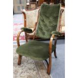 A Bentwood Open Armchair, early 20th century, part upholstered in buttoned green velvet