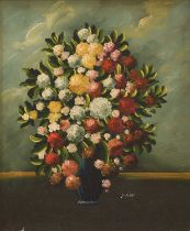 Pamella Davis (20th Century) Still life study of flowers in a blue and white jug; another by the
