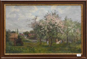 Angus Bowman (19th/20th century)Fruit picking in an orchard before a country villageSigned and dated