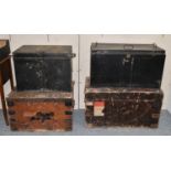 Two Metal Bound Wooden Travelling TrunksA Tin Travelling Trunk A Lined Metal Safety Box, bearing