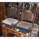 A Near Pair of Swat-Nuristan Carved Hardwood Low Chairs, with woven seats (2)