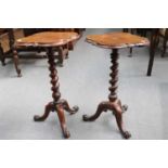 A Pair of Victorian Walnut Stands, with barleytwist supports and scroll carved legs, one with