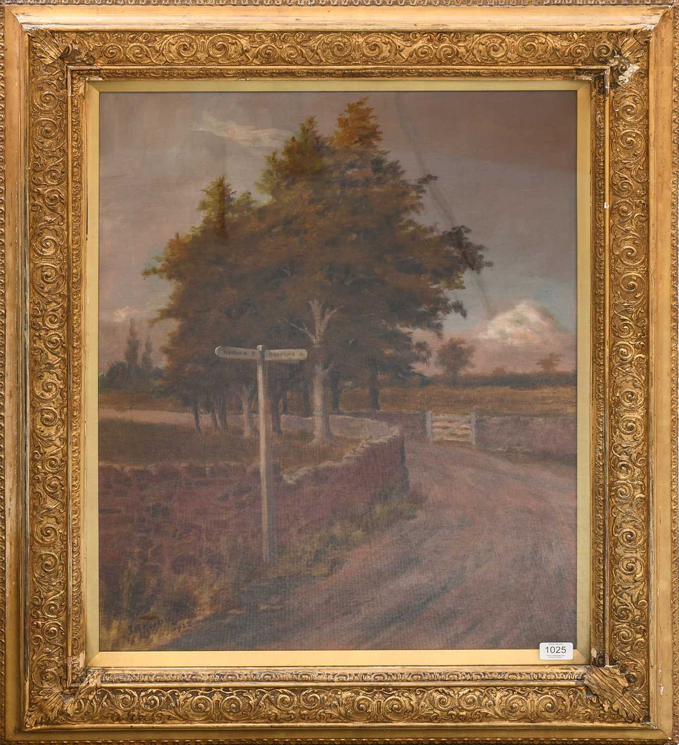 S A Knowles (20th century) Wooded country lane with signpostSigned and dated 1922, oil on canvas, - Image 2 of 2
