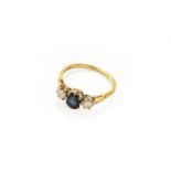 A Sapphire and Diamond Three Stone Ring, marks rubbed, finger size O1/2Gross weight 3.0 grams.