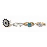 A 9 Carat White Gold Cultured Pearl and Diamond Ring, finger size N; A 9 Carat Gold Blue Topaz and