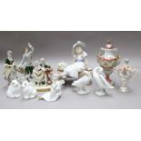 20th Century Ceramics Including: two Lladro geese, Nadal girl on a bench, two Coalport rabbits,