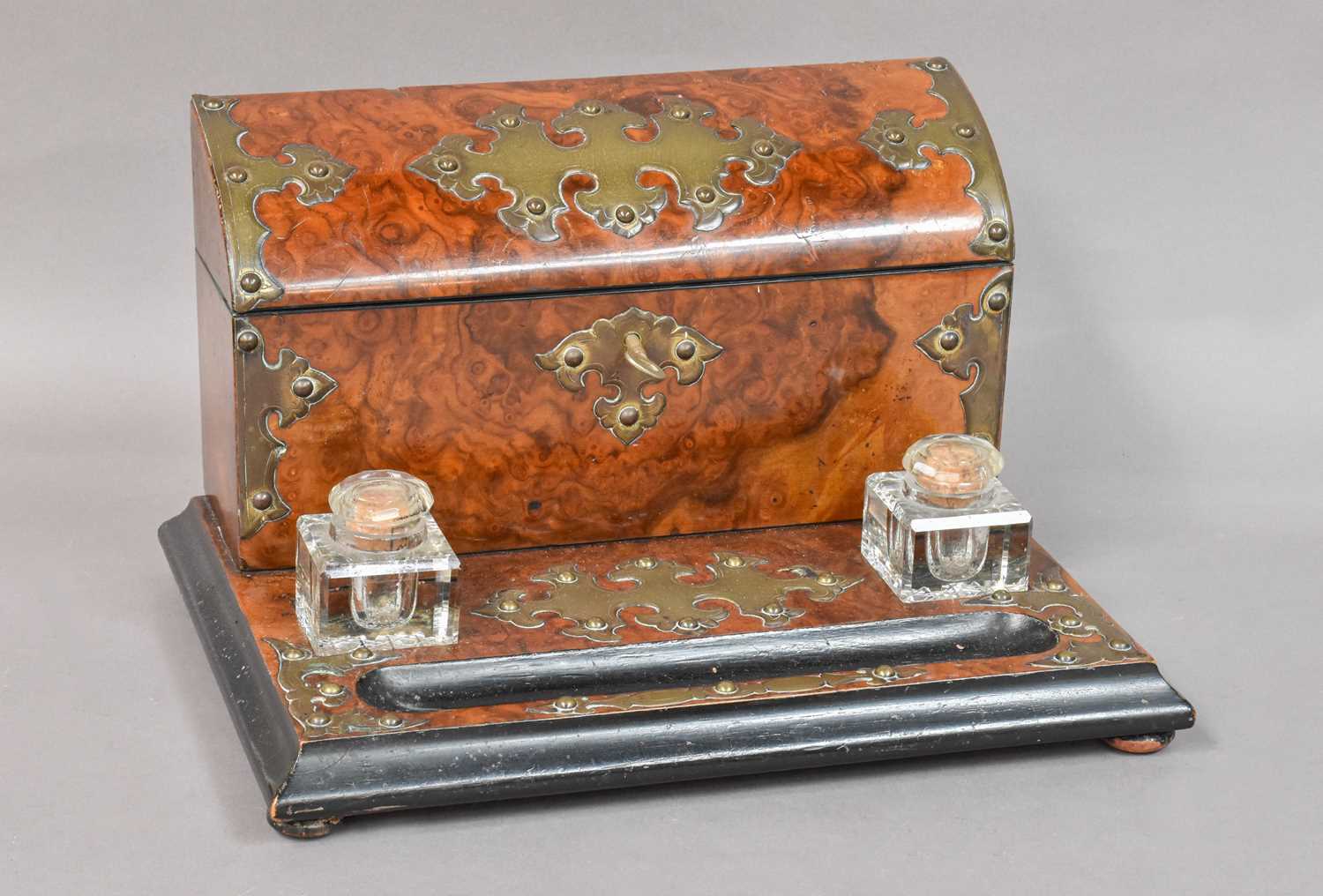 A Victorian Burr Walnut and Brass Bound Correspondence Box, integrated with a desk stand with