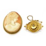 A 9 Carat Gold Cameo Brooch, measures 5.4cm by 4.1cm; and A Diamond Brooch/Locket, length 4.2cmCameo