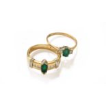 A 9 Carat Gold Emerald and Diamond Three Stone Ring, finger size Q; and An Emerald and Diamond Ring,