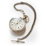 A Single Push Chronograph Pocket Watch, case stamped 925, with attached silver cur link watch chain