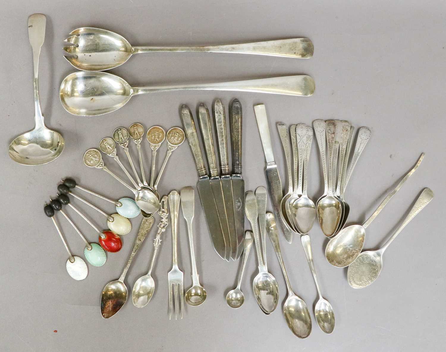 A Collection of Assorted Silver Flatware, including a pair of Old English pattern salad-servers; six