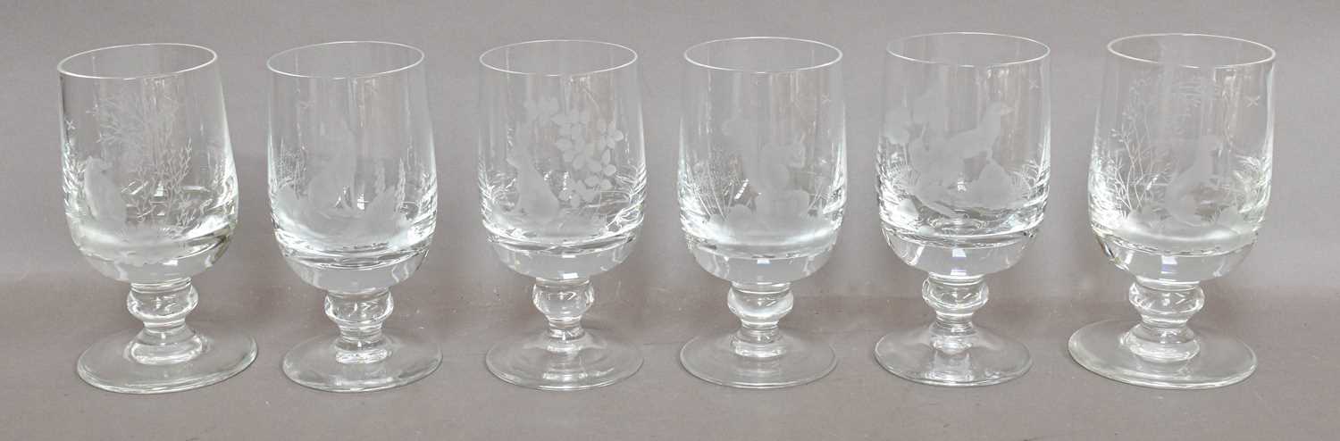 A Set of six Caithness Goblets by Anne Robertson, etched with woodland creatures, together with a