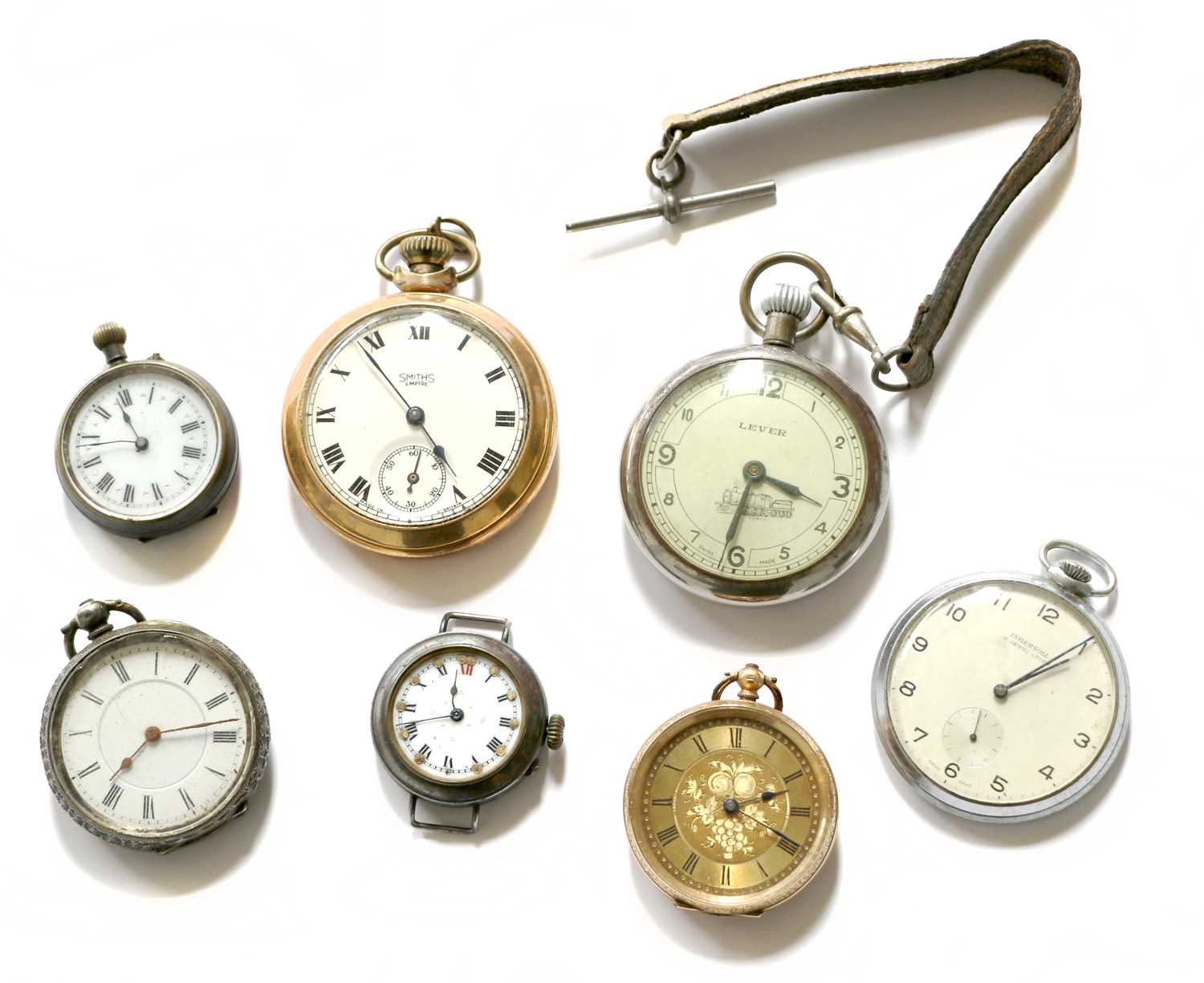 A lady's 14 carat gold fob watch with case stamped 14k, and six other watches (7)