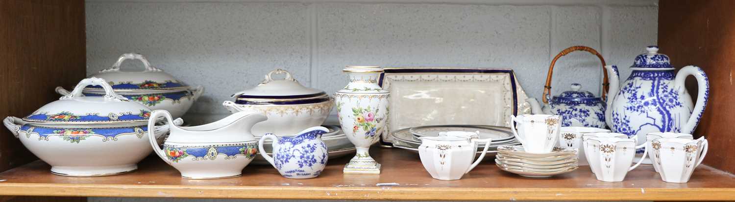 A Shelley Queen Anne Teaset, a Continental porcelain rose painted urn, pottery dinnerware, etc (