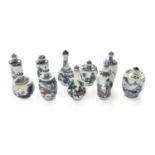 Ten 20th Century Chinese Blue and White Snuff Bottles, all except one with iron red decoration, some