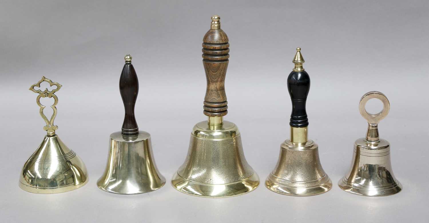 Five Table or Service Bells, three with turned wooden handles (5)