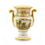 A Spode Porcelain Vase, circa 1810, of baluster form with leaf scrolled handles, painted with
