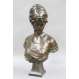 A Bronzed Composite Head and Shoulders Portrait Bust of a Girl, raised on a square socle base,