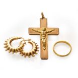 A 9 Carat Gold Cross Pendant, length 5.4cm; A Pair of 9 Carat Gold Hoop Earrings, with post