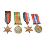 A group of four World War II medals, War medal, defence medal, Burma star, 1939-1945 star