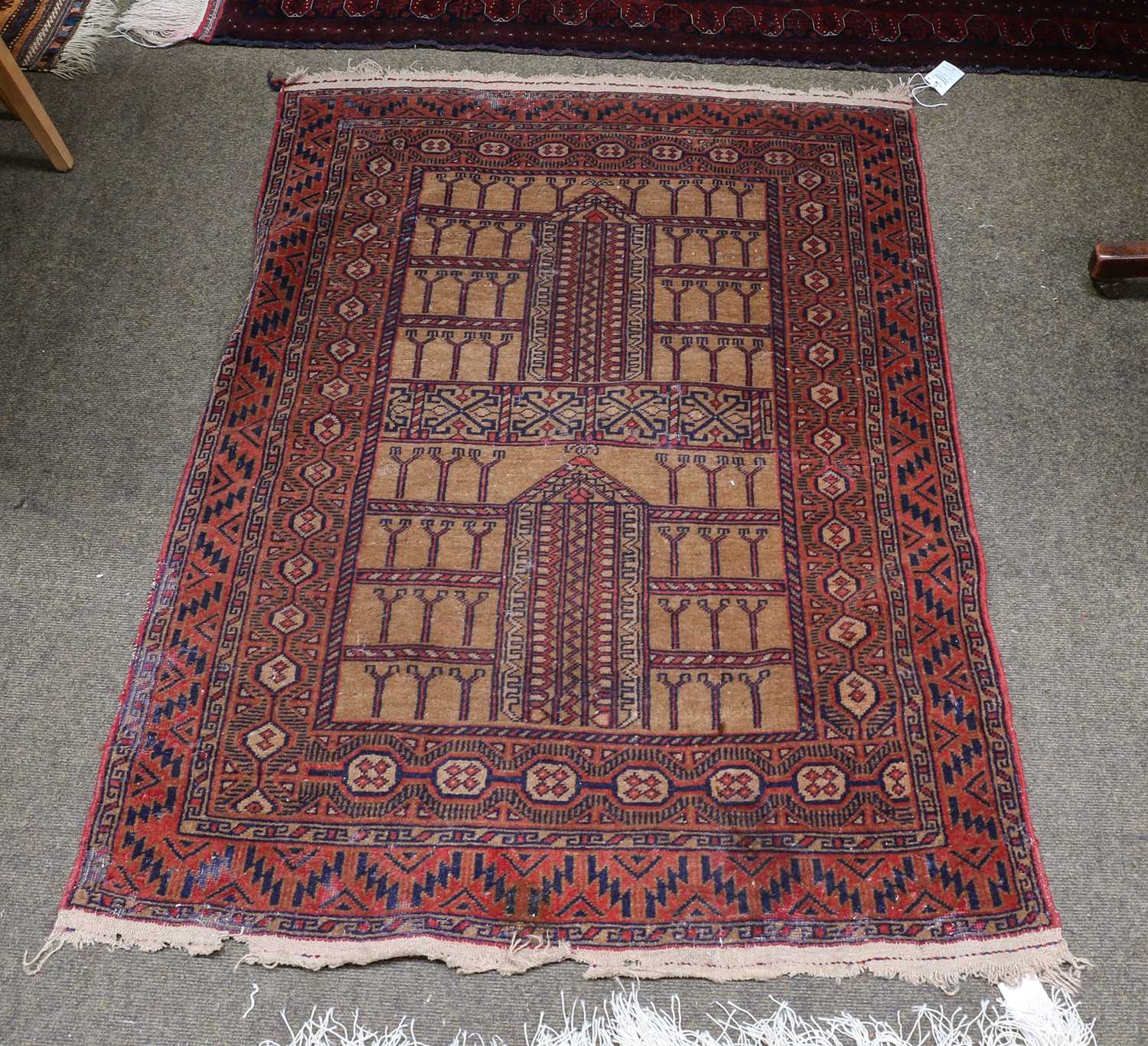 Afghan Prayer rug, the camel field with two mihrabs, enclosed by double borders, 142cm by 96cm;