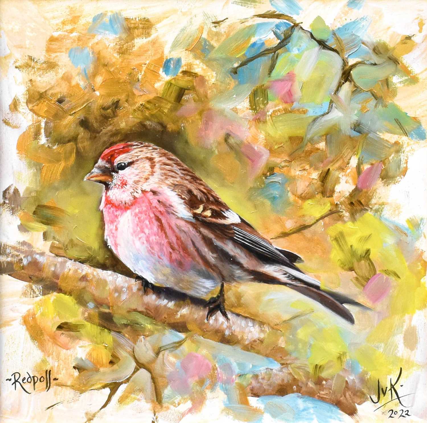 Jo Van Kampen (b.1968) "Redpoll" Signed, inscribed and dated 2022, oil on panel