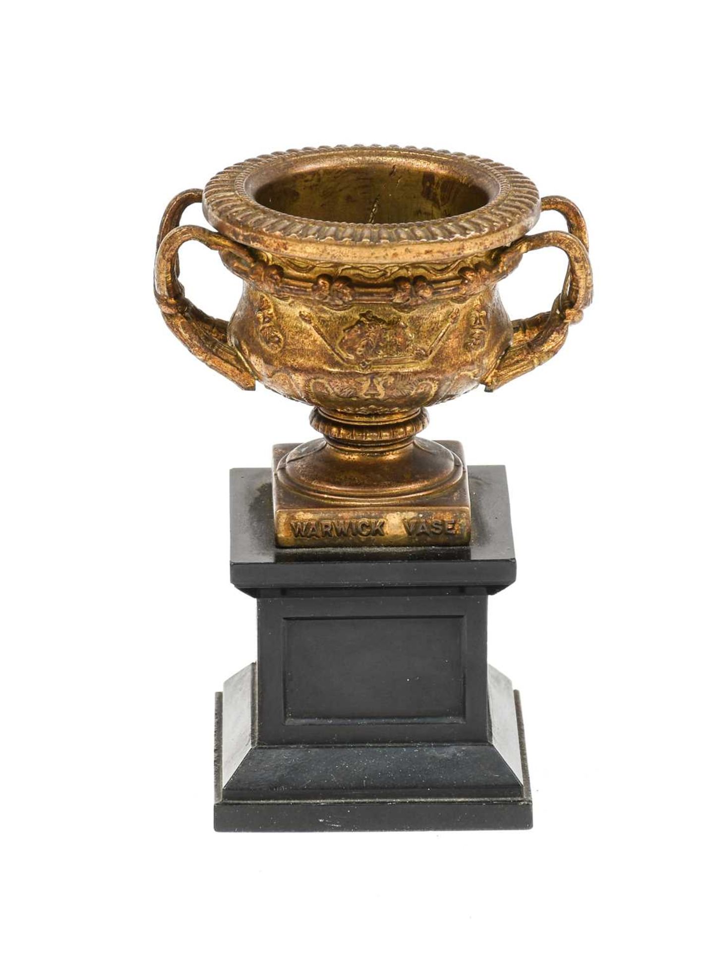 A Brass Cast Warwick Vase Car Mascot, in the form of a twin-handled urn of campana form, the base