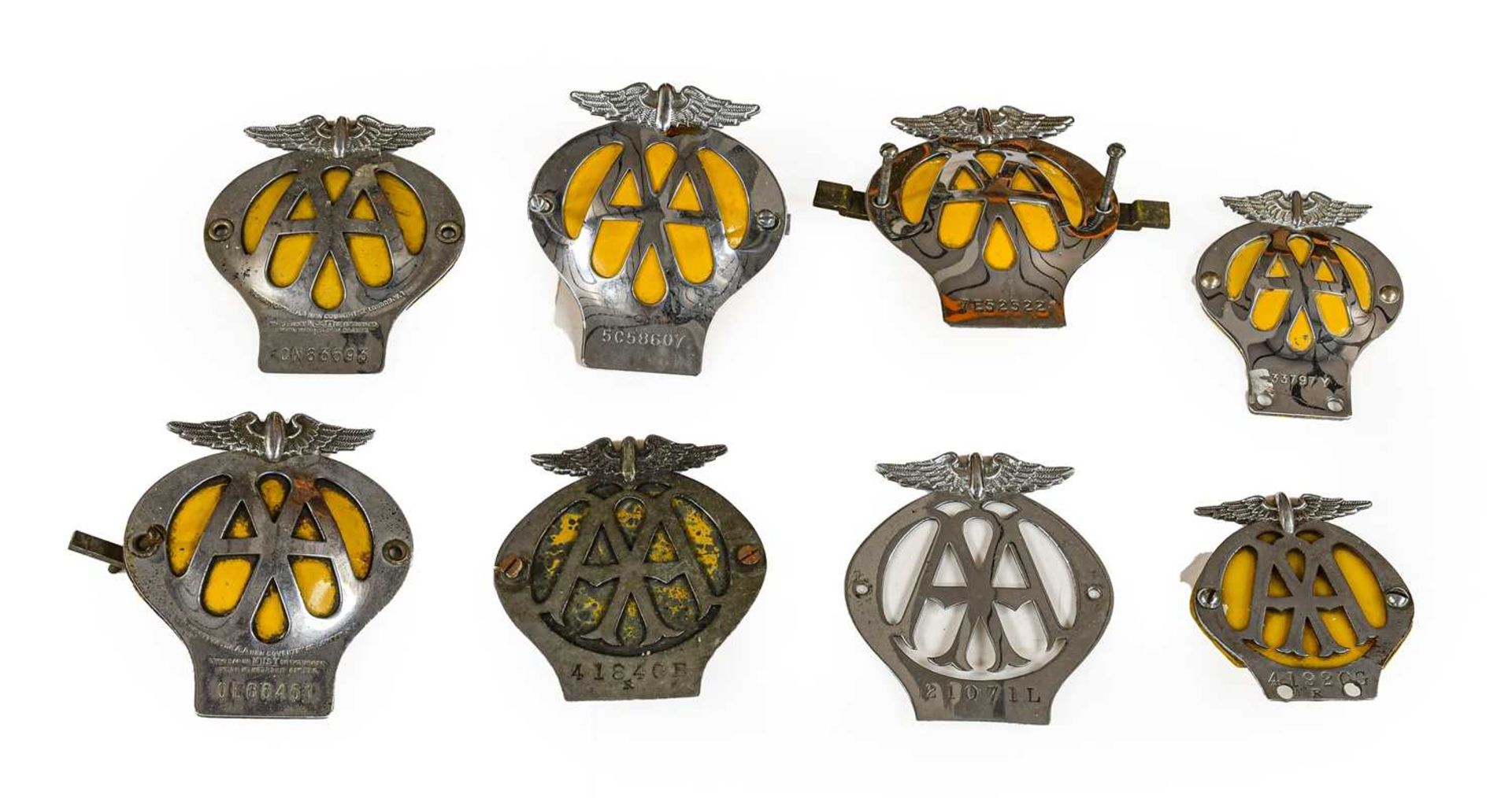 ~ Eight Chromed AA Badges, of assorted eras