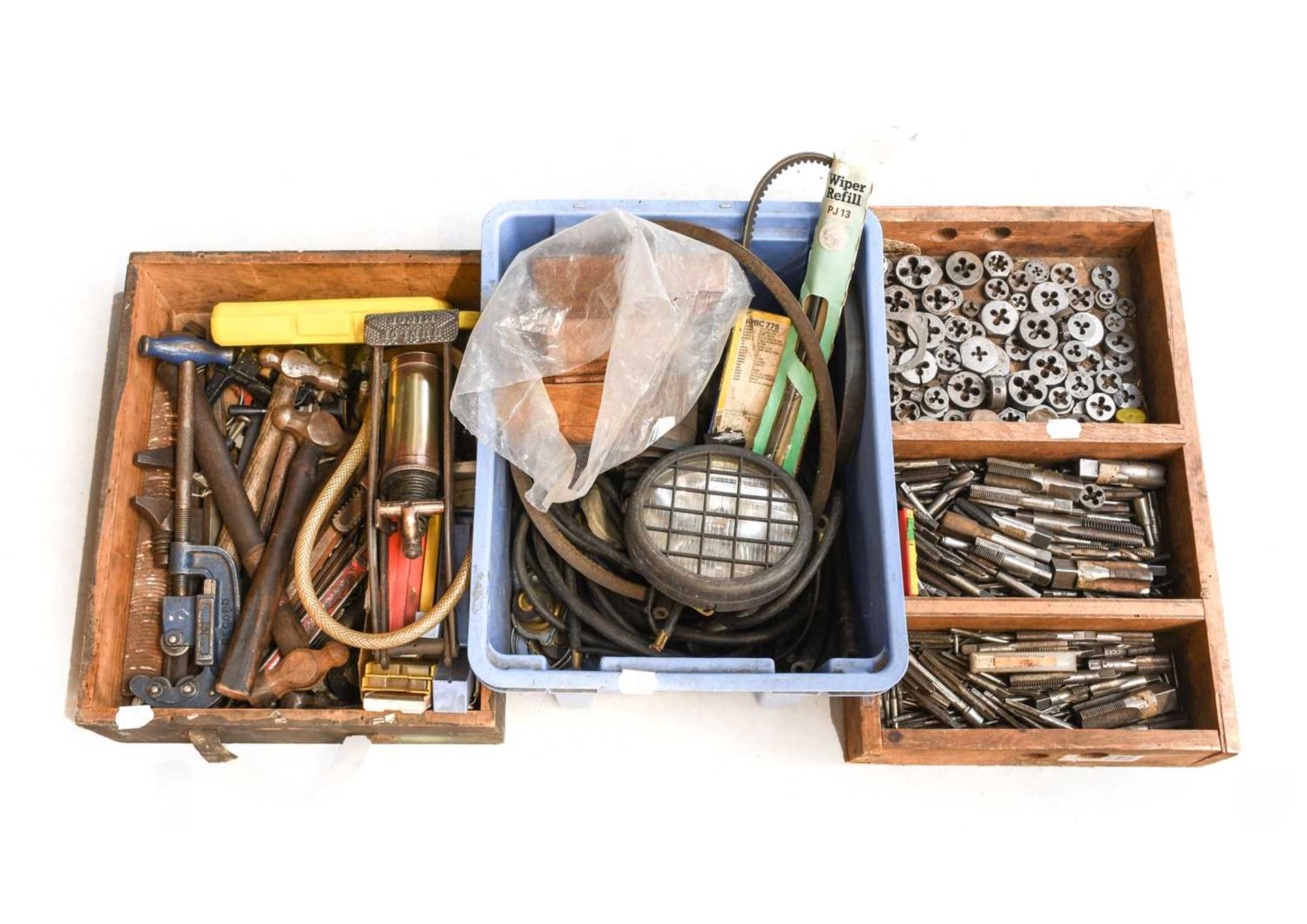 Three Boxes, including: tap dies, Dunlop brass foot pump, assorted hand tools, clamps, lamp,