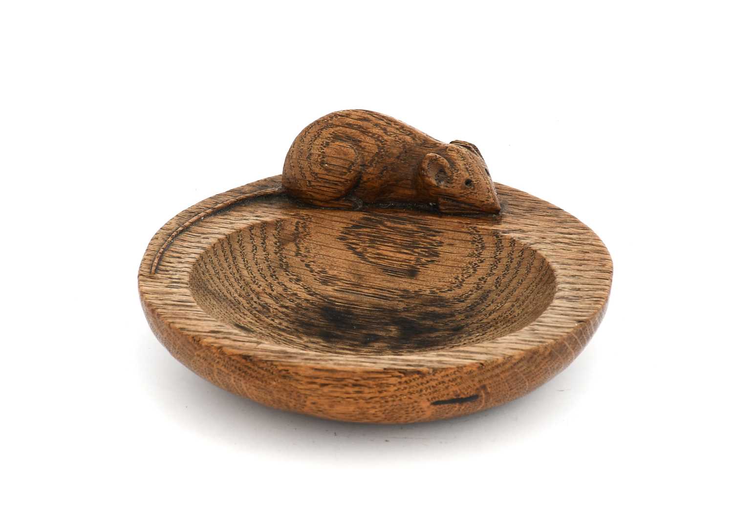 Robert Mouseman Thompson (1876-1955): An English Oak Circular Pin Tray, with carved mouse trademark,