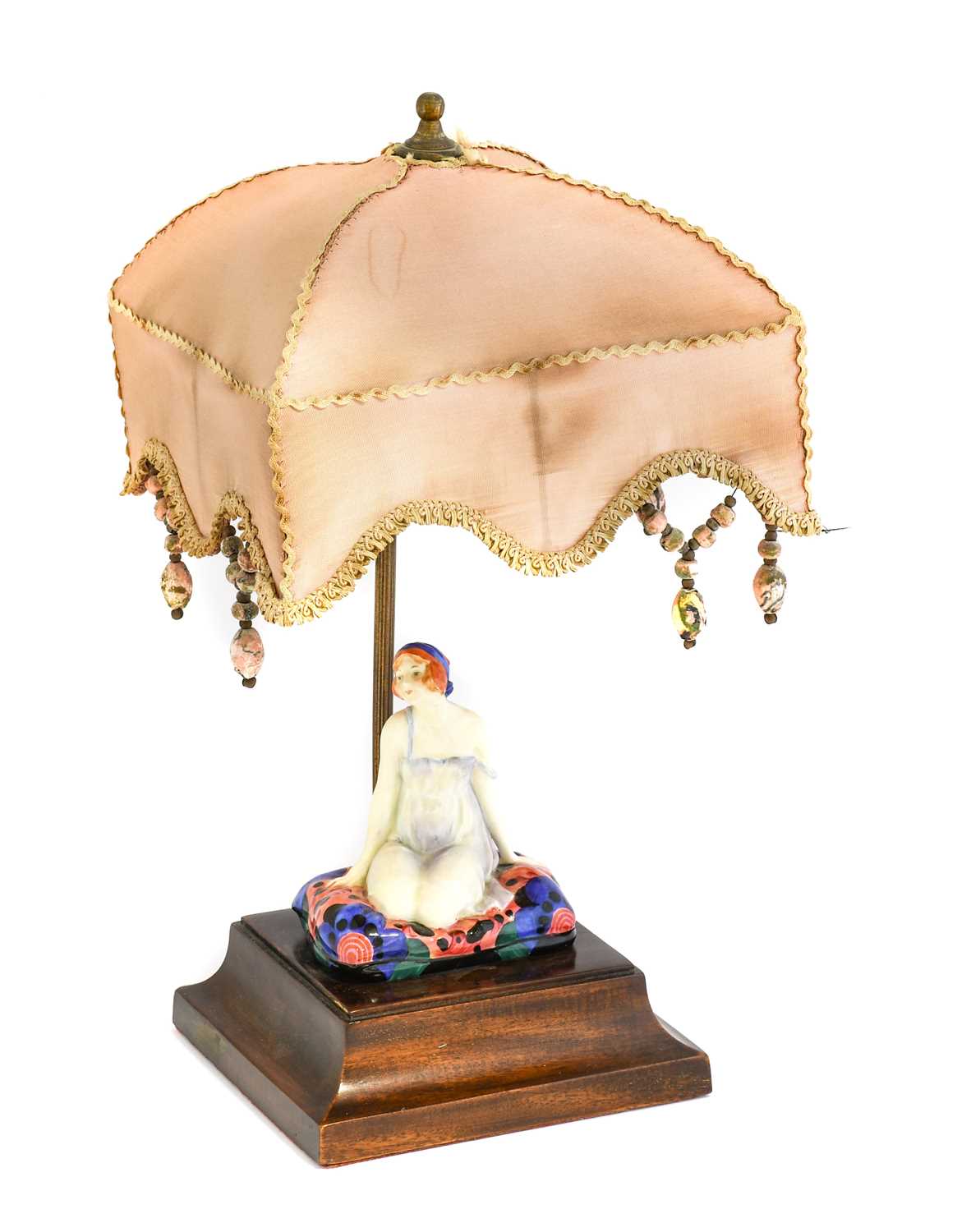 A Royal Doulton Negligee Figural Table Lamp, the figure bolted to a stained plinth base with brass
