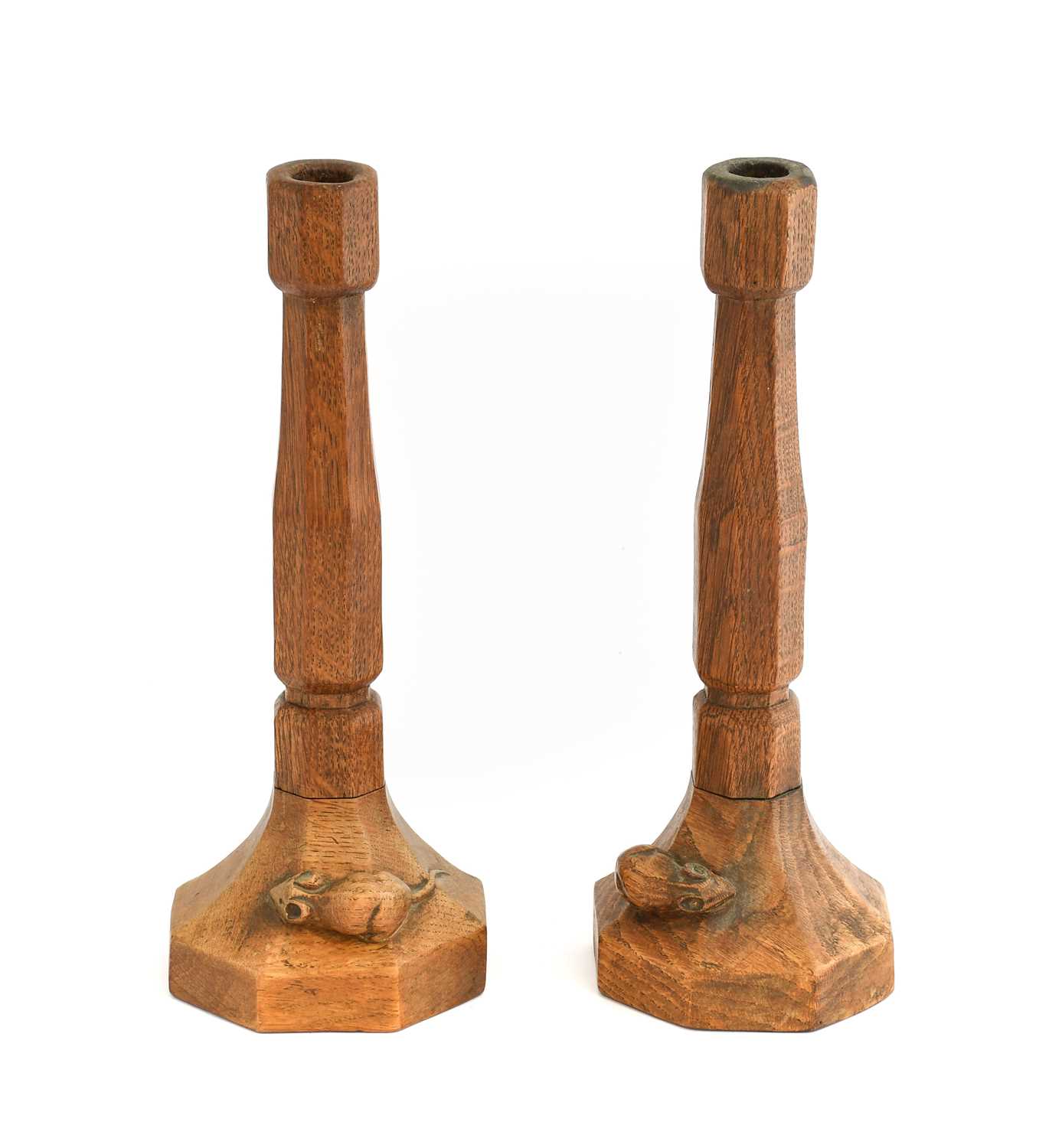 Robert Mouseman Thompson (1876-1955): A Pair of English Oak Candlesticks, of octagonal form, each