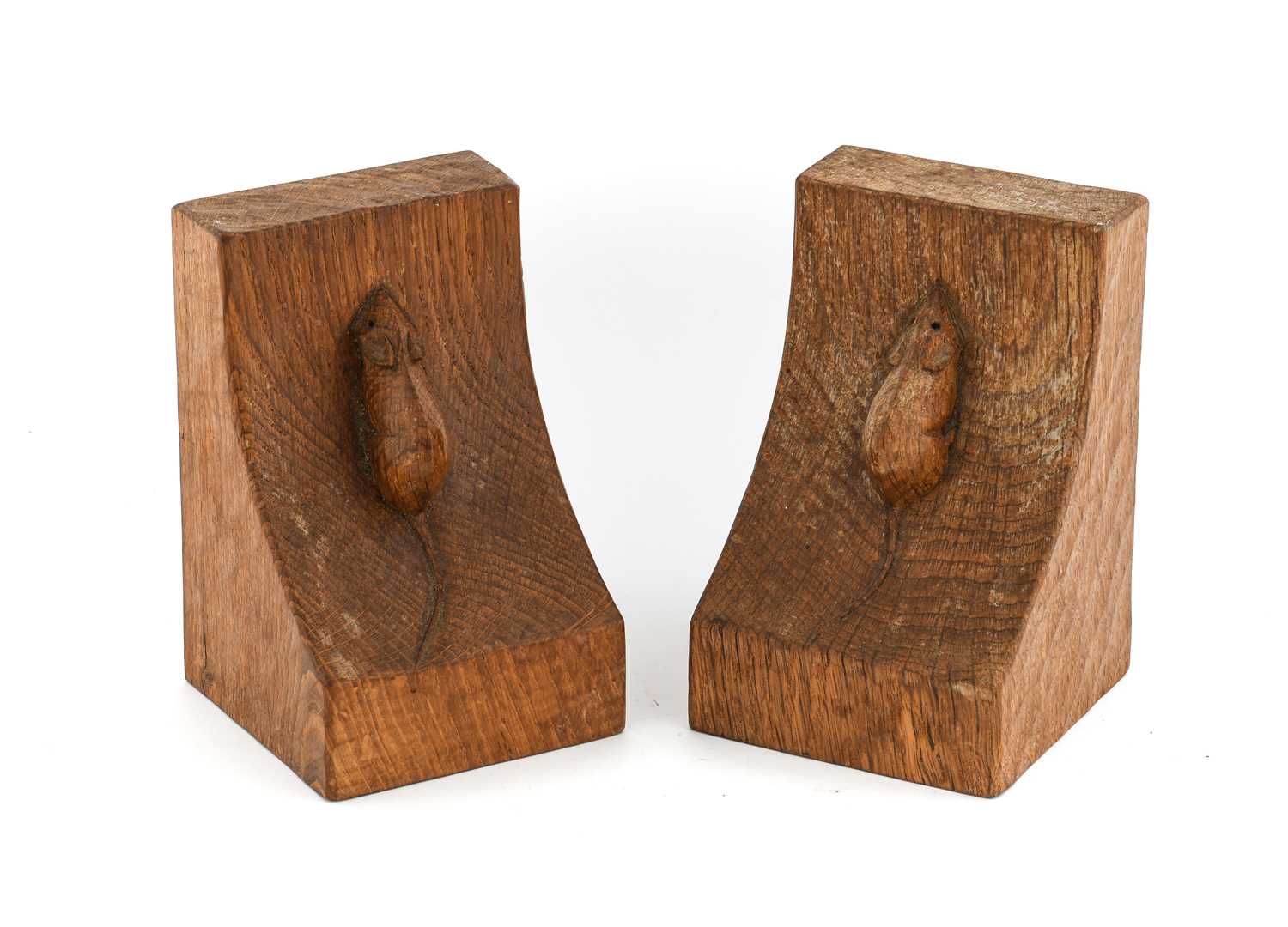 Workshop of Robert Mouseman Thompson (Kilburn): A Pair of English Oak Single Mouse Bookends, each