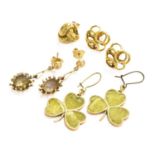 A Small Quantity of Earrings Including, two pairs of 9 carat gold examples, a pair of smoky quartz