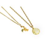 Two Pendants on Chains, of varying designs and lengthsOne chain hallmarked 9 carat gold, the pendant