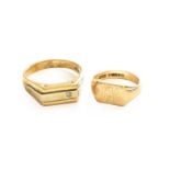 A 9 Carat Gold Diamond Signet Ring, finger size Z+4; and A 9 Carat Gold Signet Ring, finger size