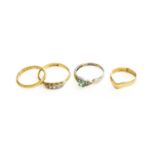 An 18 Carat Gold Band Ring, finger size M; A 9 Carat Gold Wishbone Ring, finger size J1/2; A Diamond