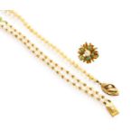 A 9 Carat Gold Turquoise and Cultured Pearl Clip, later fitting; A Cultured Pearl Necklace, length