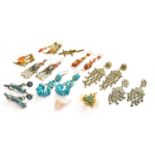 Nine Pairs of Drop Earrings, of various designs including coral examples, enamel examples etc (