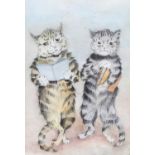 Manner of Louis Wain Study of two Cats readingWatercolour, together with C* Kadar, study of a